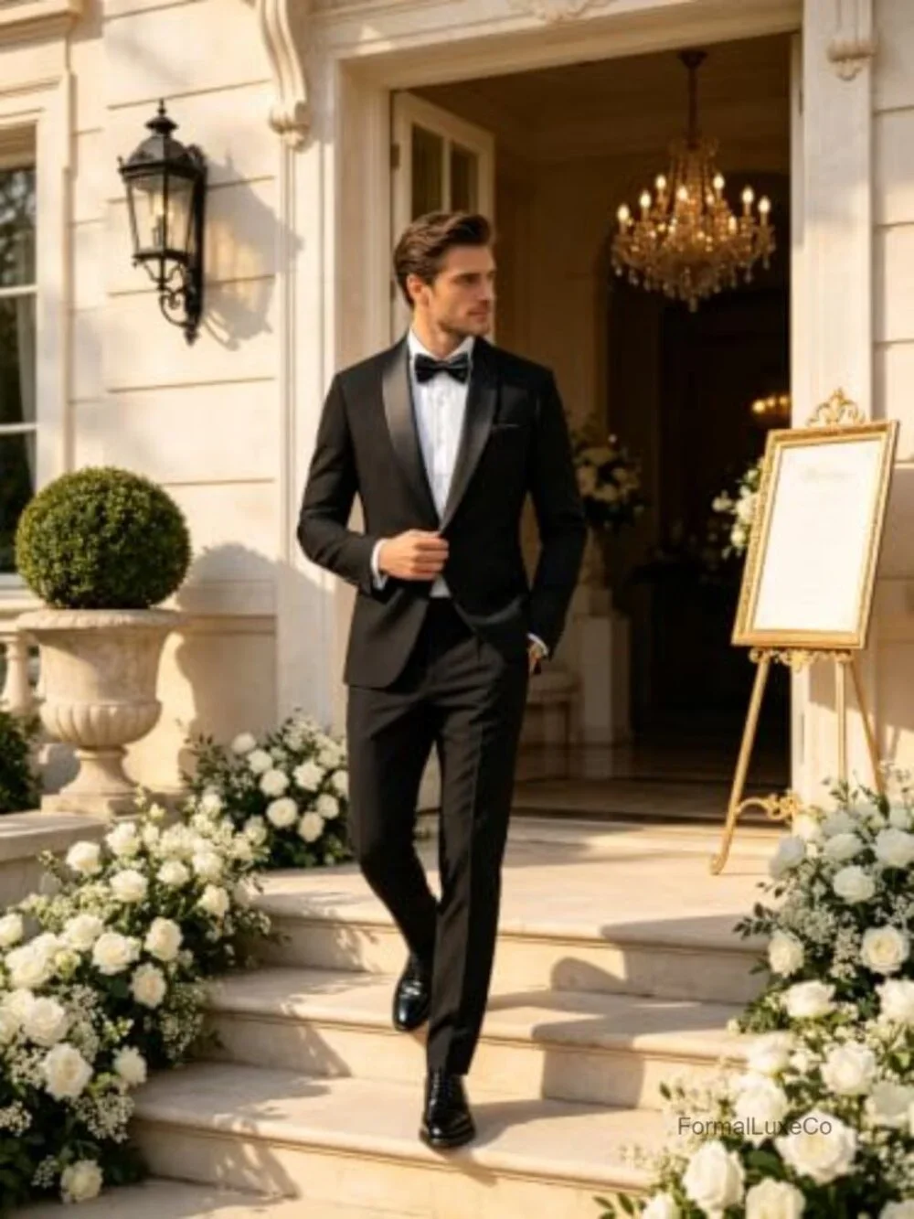 Men's Shawl Lapel Tuxedo 2 Piece Set with Bow Tie, One Button, Satin Lapel,